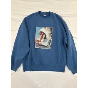 Vintage 90s Jerzees Blue American Indian Crewneck Pullover Sweatshirt Size Large
